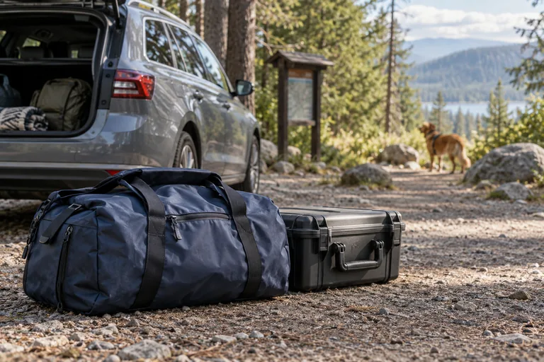 Travel bags beside a parked car at a wooded trailhead.